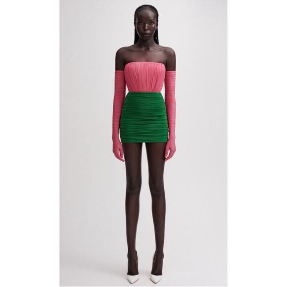 Alex Perry Ruched Strapless Jersey Pink and Green Mini Dress with Gloves Size 6 - Picture 5 of 13